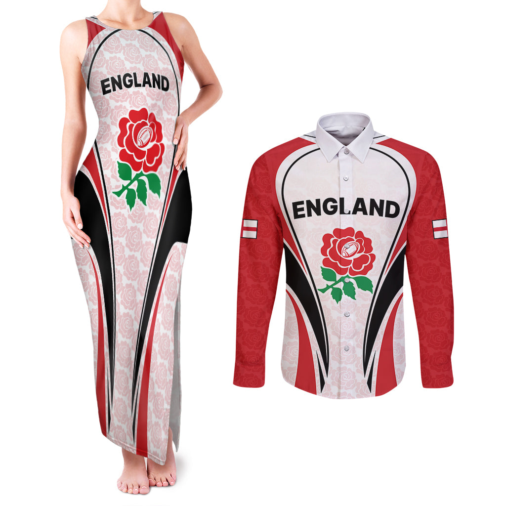 Custom England Rugby Couples Matching Tank Maxi Dress and Long Sleeve Button Shirts Come On Red Rose Word Cup 2023 LT9 - Wonder Print Shop