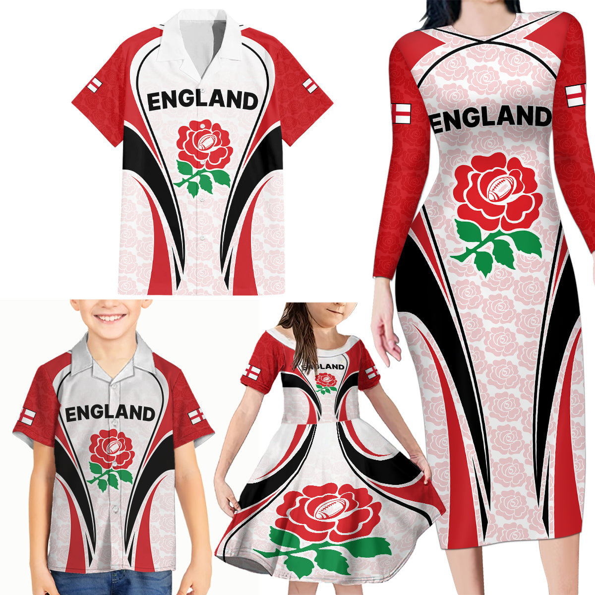 Custom England Rugby Family Matching Long Sleeve Bodycon Dress and Hawaiian Shirt Come On Red Rose Word Cup 2023 LT9 - Wonder Print Shop