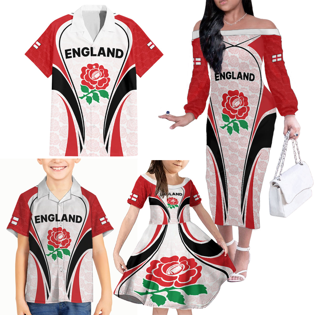 Custom England Rugby Family Matching Off Shoulder Long Sleeve Dress and Hawaiian Shirt Come On Red Rose Word Cup 2023 - Wonder Print Shop