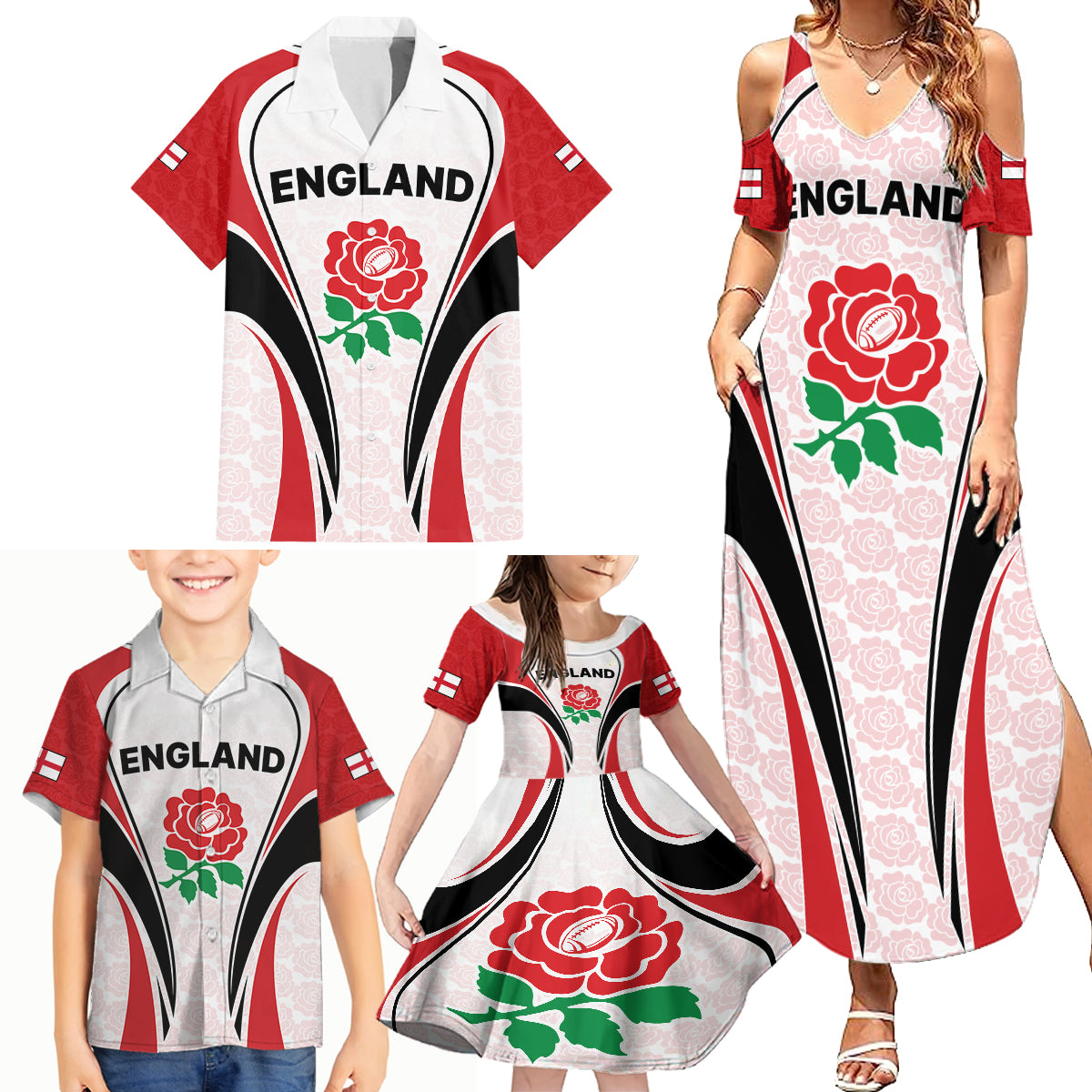 Custom England Rugby Family Matching Summer Maxi Dress and Hawaiian Shirt Come On Red Rose Word Cup 2023 - Wonder Print Shop