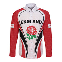 Long sleeve button rugby shirt, white base with red sleeves, England graphic and rose.