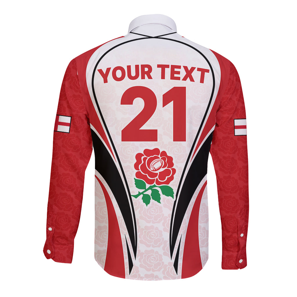 Rugby long sleeve button shirt back, red/white/black design with 'YOUR TEXT 21' and rose.