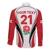 Rugby long sleeve button shirt back, red/white/black design with 'YOUR TEXT 21' and rose.