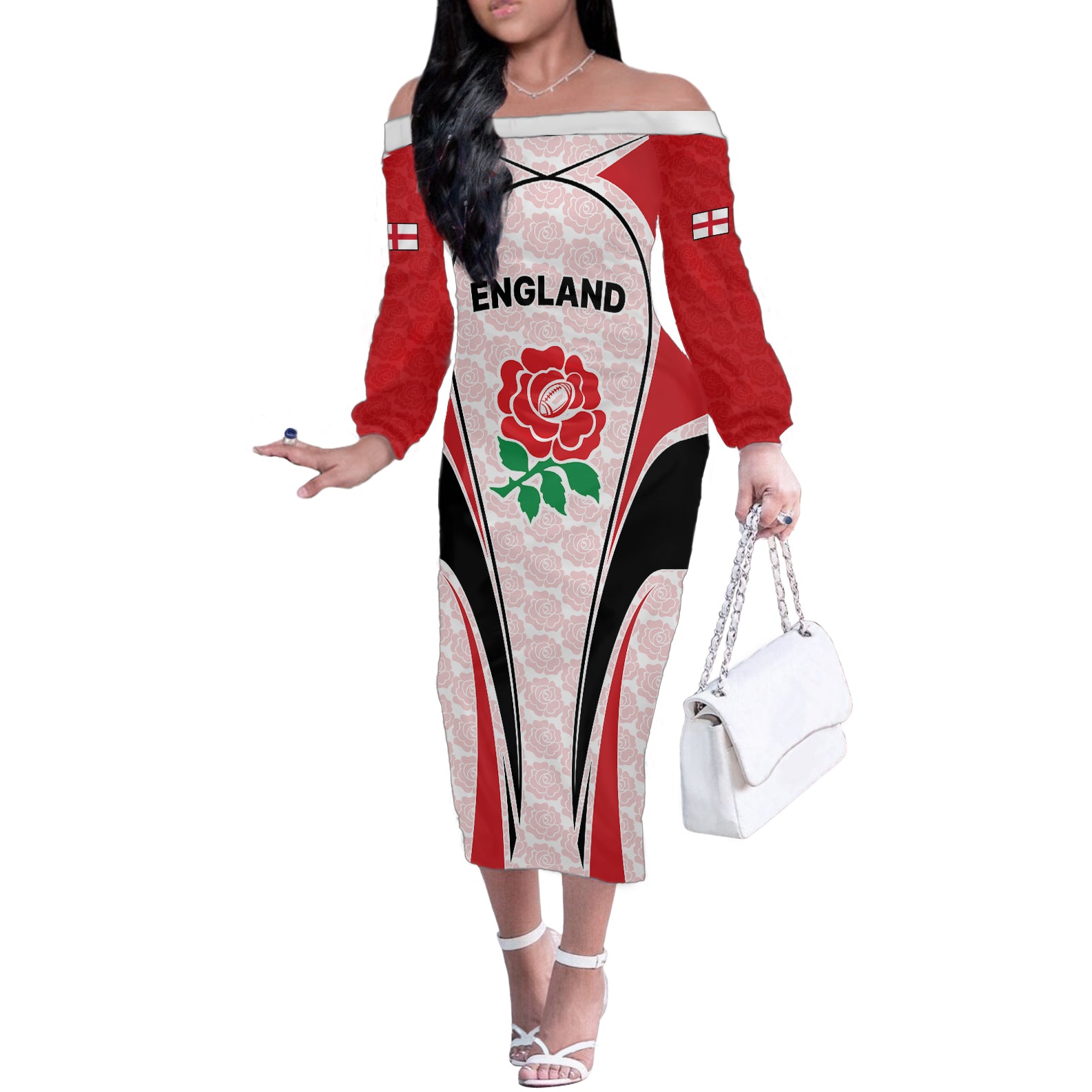 Custom England Rugby Off The Shoulder Long Sleeve Dress Come On Red Rose Word Cup 2023 - Wonder Print Shop