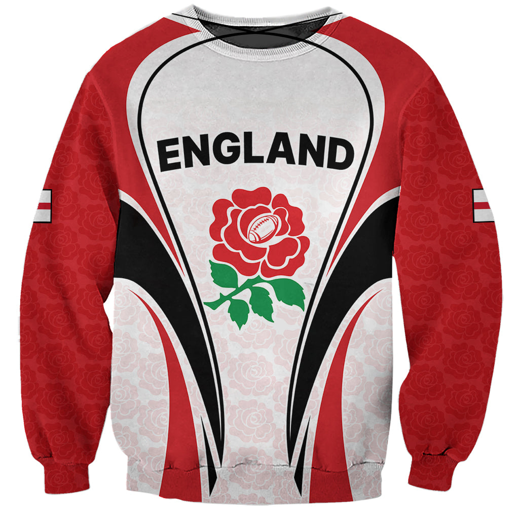 England rugby sweatshirt with red sleeves and white front panel, ENGLAND logo and rose graphic
