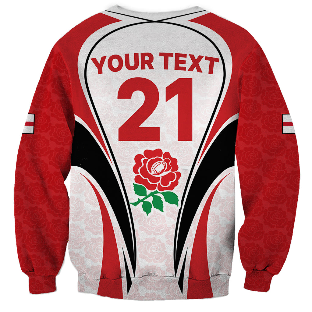Rugby sweatshirt with red sleeves, back-style design: YOUR TEXT 21 and rose graphic