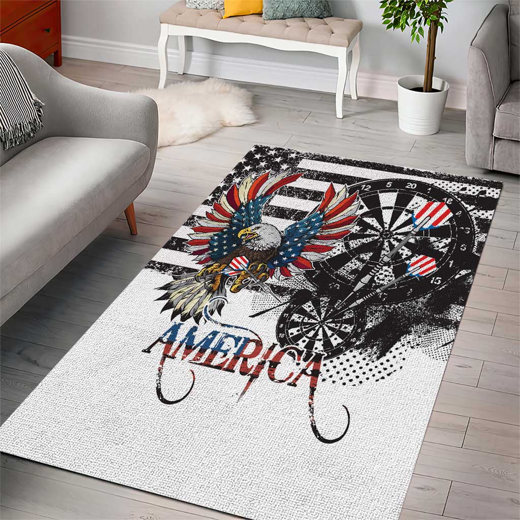 White area rug laid flat with bald eagle, dartboard pattern, bold red and blue America text