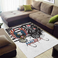 White area rug with bald eagle and dartboard graphics, distressed America lettering in red