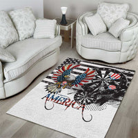 White area rug with grunge bald eagle, dartboard spokes, red America text and horseshoe hooks