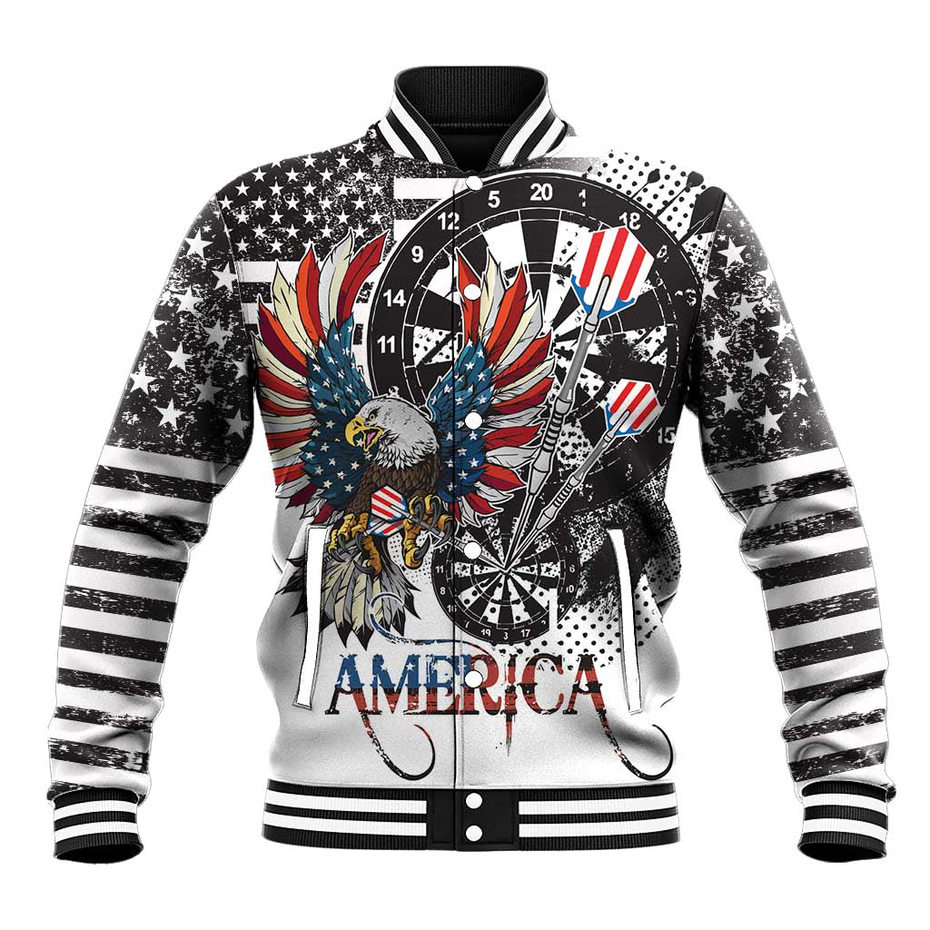 Unisex white varsity baseball jacket with dartboard graphic and eagle patch, striped rib hem