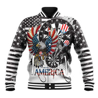 Unisex white varsity baseball jacket with dartboard graphic and eagle patch, striped rib hem