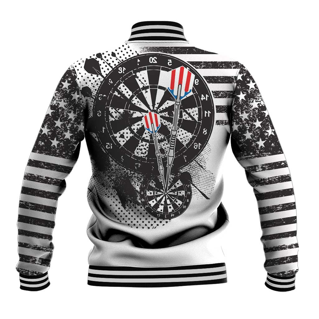 Unisex white baseball jacket back with dartboard print, eagle wings, striped sleeves and collar