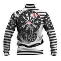 Unisex white baseball jacket back with dartboard print, eagle wings, striped sleeves and collar