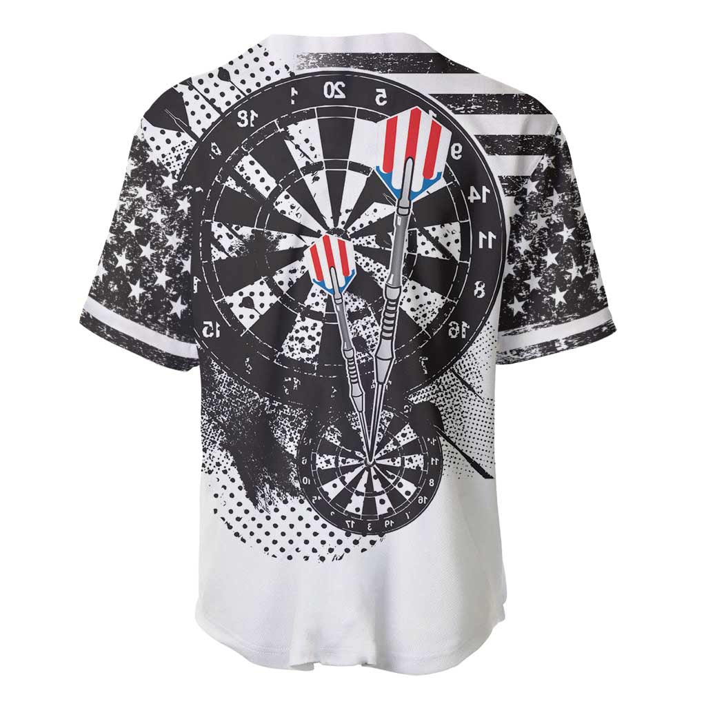Baseball jersey back with dartboard bullseye and striped dart graphic, star speckle