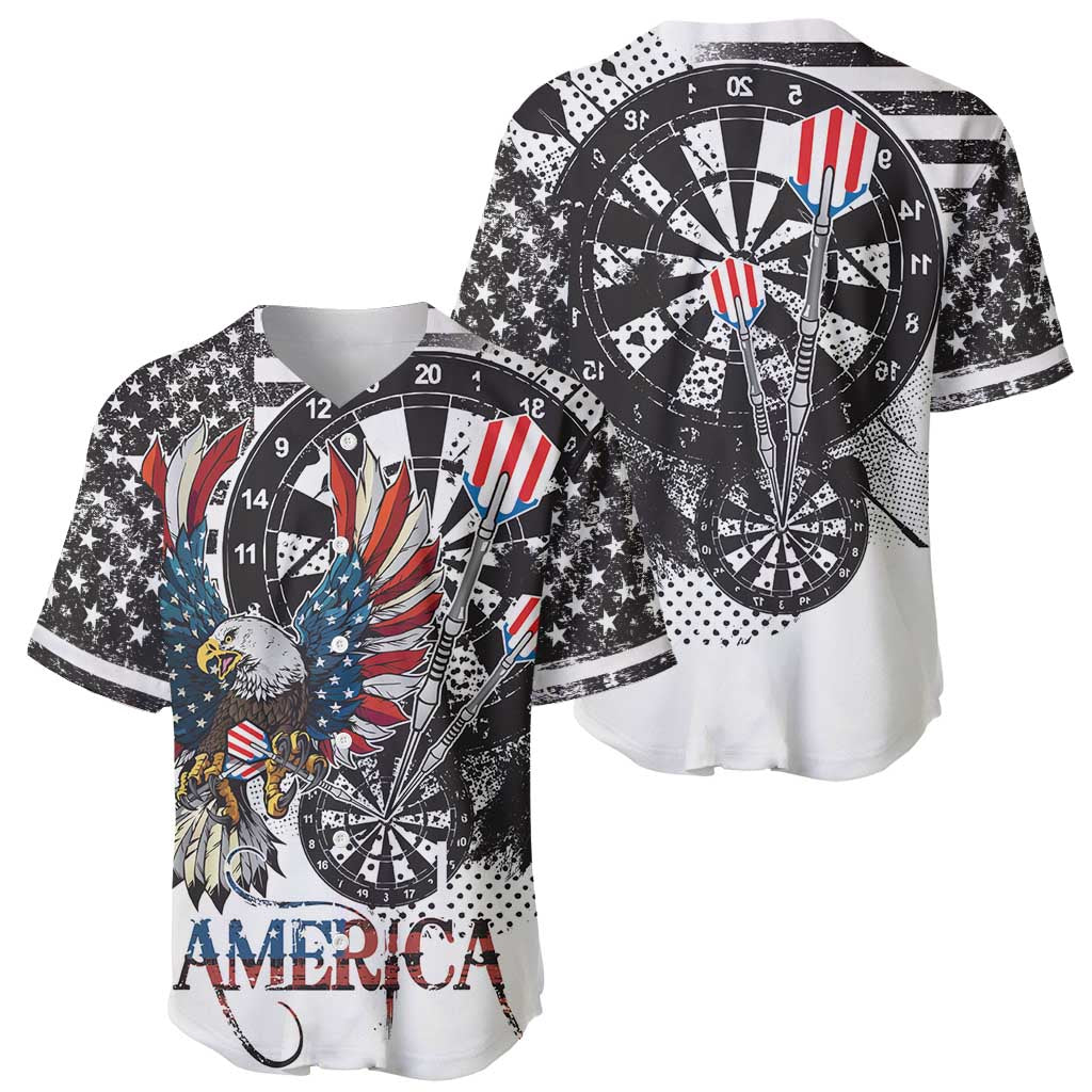 Baseball jersey with black-and-white eagle dartboard graphic, stars, striped sleeves