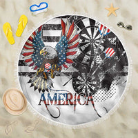 Round beach blanket with bald eagle graphic, darts wheel and 'AMERICA' text, white fringe