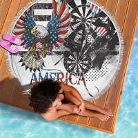 Round beach blanket, bald eagle over darts wheel with 'AMERICA' and striped fringe