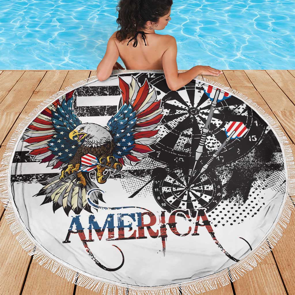 Round beach blanket showing bald eagle, American flag wings, darts wheel, 'AMERICA' fringe