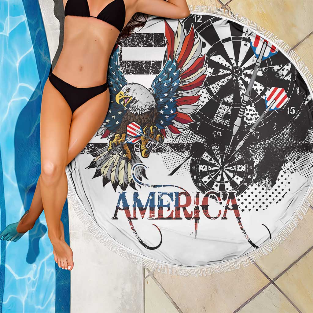 Round beach blanket with bald eagle and darts wheel, 'AMERICA' text, white tassel fringe