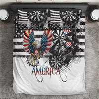 American bald eagle grunge bedding set with striped wings, darts graphic, and “AMERICA”