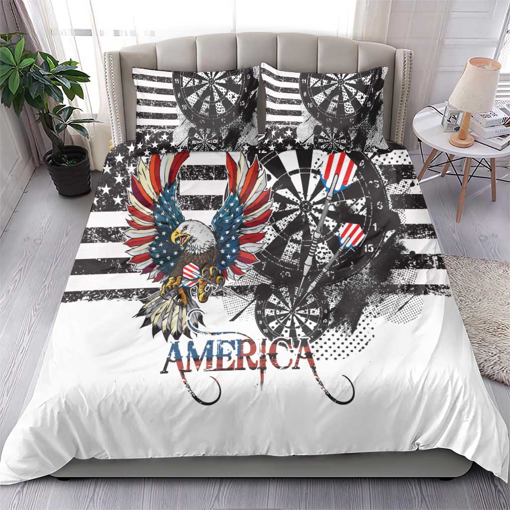 American bald eagle bedding set with two matching pillows, black-and-white stripes, “AMERICA”