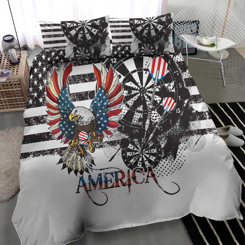American bald eagle bedding set with darts-style circles, stars stripes, and “AMERICA”