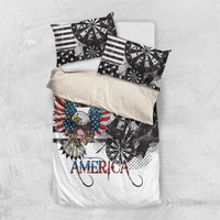 American bald eagle bedding set folded with two pillows, black-and-white stripes, “AMERICA”