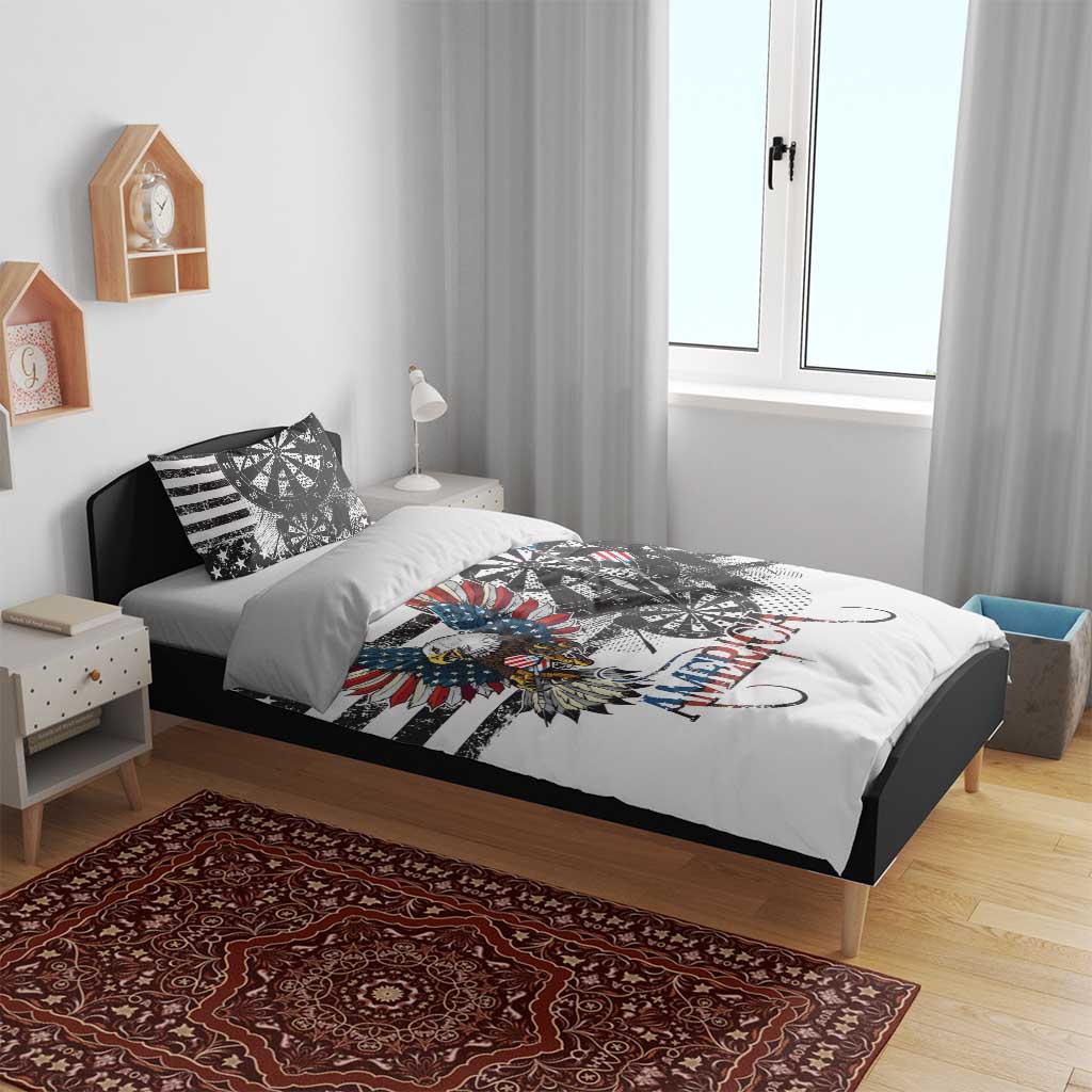 American bald eagle bedding set on bed with black-and-white striped duvet and “AMERICA”