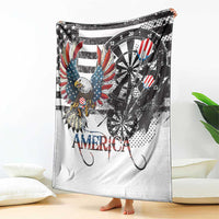 White throw blanket showing American bald eagle, dartboard art, and “AMERICA” lettering