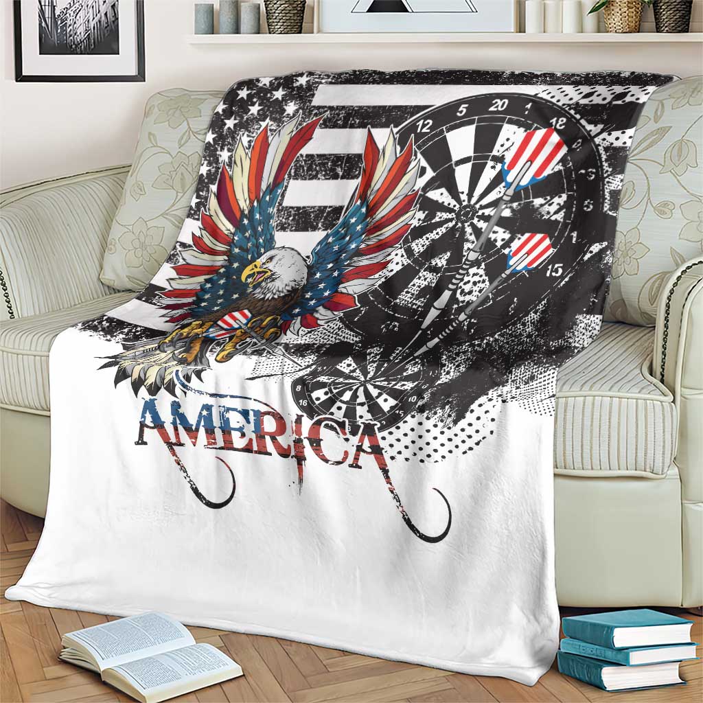 White grunge-style American eagle and dartboard blanket with “AMERICA” and striped accents