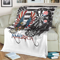White grunge-style American eagle and dartboard blanket with “AMERICA” and striped accents