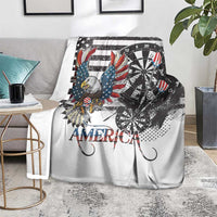 White blanket with American bald eagle, dartboard pattern, and “AMERICA” text