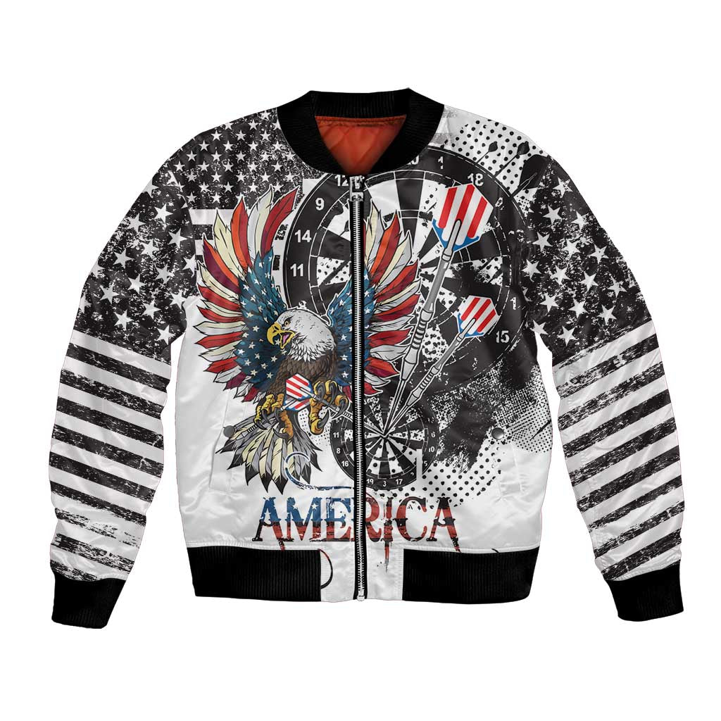 Unisex white bomber jacket with eagle graphic, stars and striped sleeves, front zip