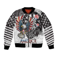 Unisex white bomber jacket with eagle graphic, stars and striped sleeves, front zip
