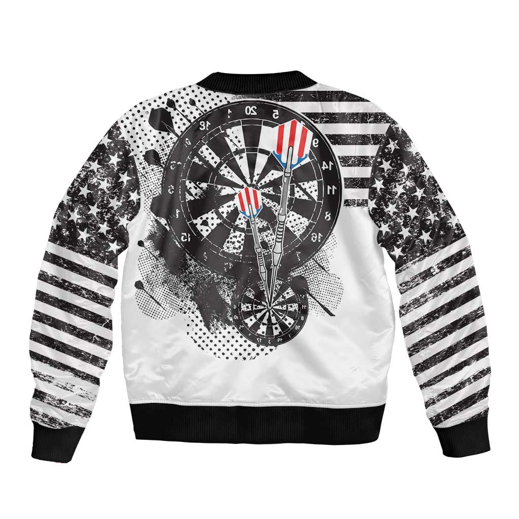 Unisex white bomber jacket, back dartboard print with stars and striped sleeves