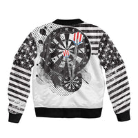 Unisex white bomber jacket, back dartboard print with stars and striped sleeves