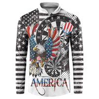 White sweatshirt with grunge eagle dartboard art and bold 'AMERICA' lettering