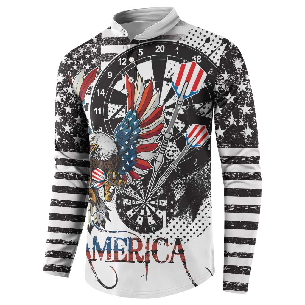 White grunge graphic sweatshirt with eagle over dartboard, striped sleeves, 'AMERICA' text