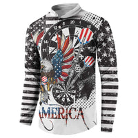 White grunge graphic sweatshirt with eagle over dartboard, striped sleeves, 'AMERICA' text