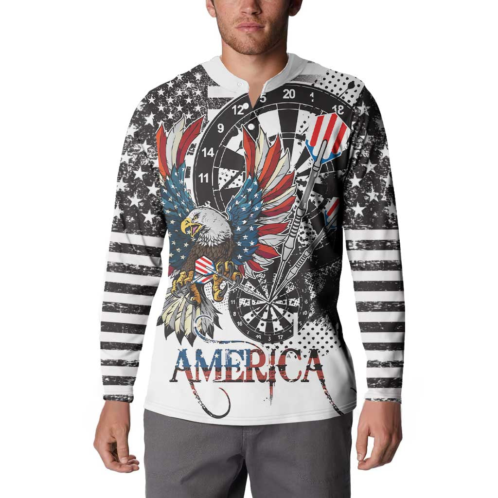 White grunge eagle dartboard sweatshirt, long striped sleeves and 'AMERICA' graphic