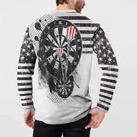 Back graphic sweatshirt with large dartboard illustration, flag darts and striped sleeves