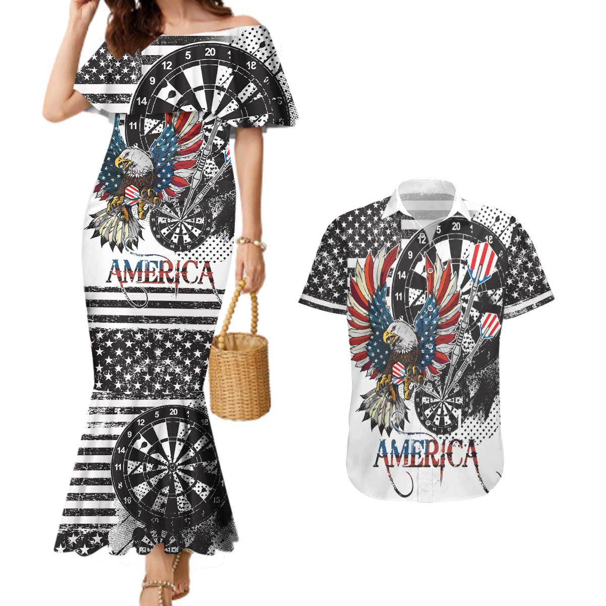 USA Darts Couples Matching Mermaid Dress and Hawaiian Shirt American Bald Eagle with Grunge Style LT9 - Wonder Print Shop