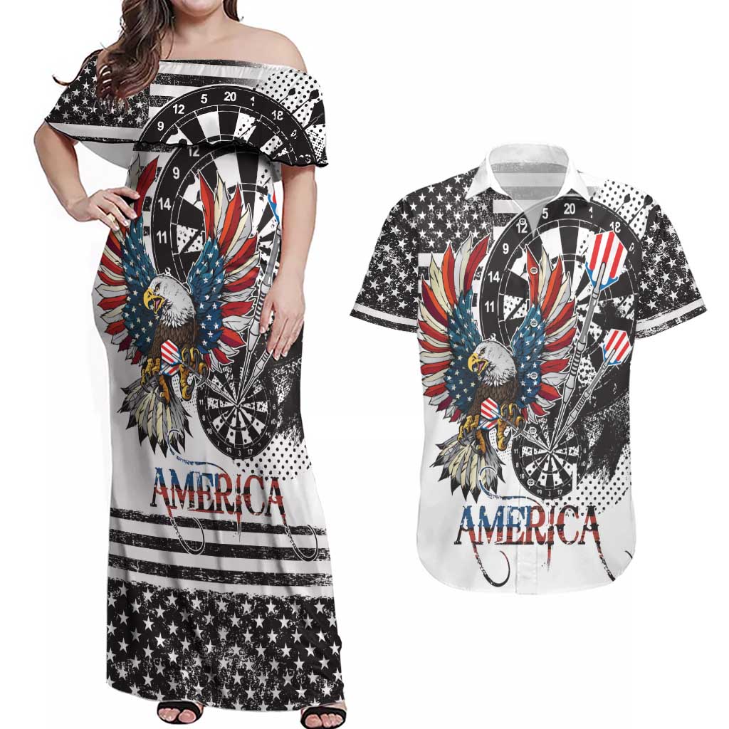 USA Darts Couples Matching Off Shoulder Maxi Dress and Hawaiian Shirt American Bald Eagle with Grunge Style LT9 - Wonder Print Shop