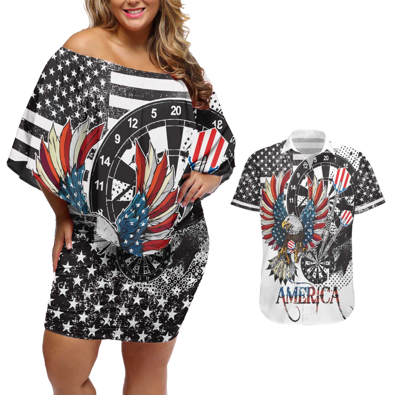 USA Darts Couples Matching Off Shoulder Short Dress and Hawaiian Shirt American Bald Eagle with Grunge Style LT9 - Wonder Print Shop