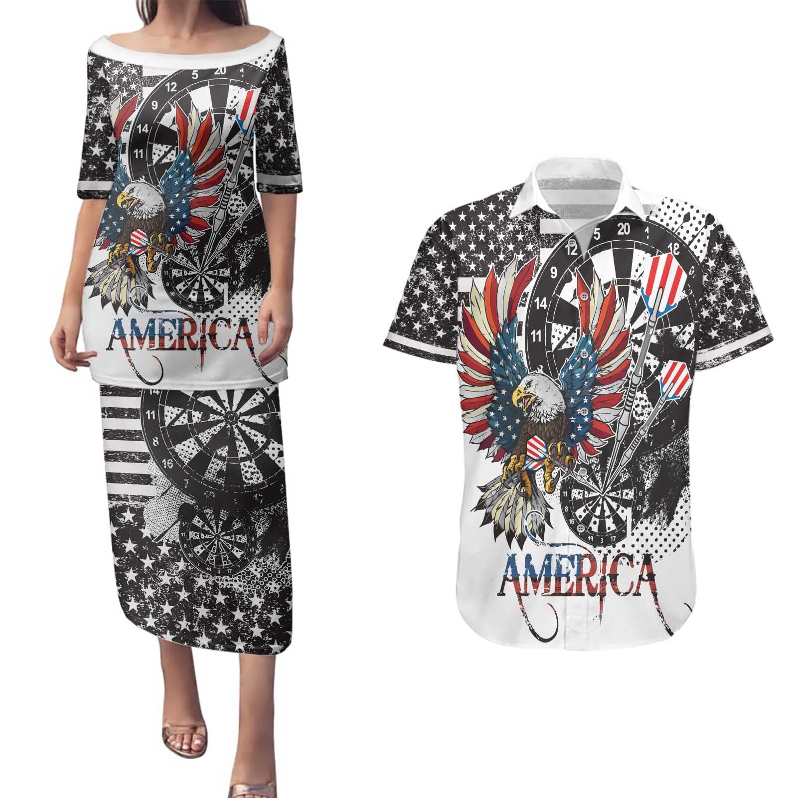 USA Darts Couples Matching Puletasi and Hawaiian Shirt American Bald Eagle with Grunge Style LT9 - Wonder Print Shop