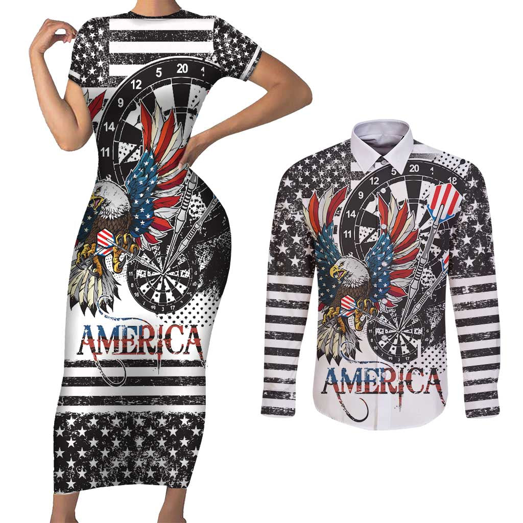 USA Darts Couples Matching Short Sleeve Bodycon Dress and Long Sleeve Button Shirt American Bald Eagle with Grunge Style LT9 - Wonder Print Shop