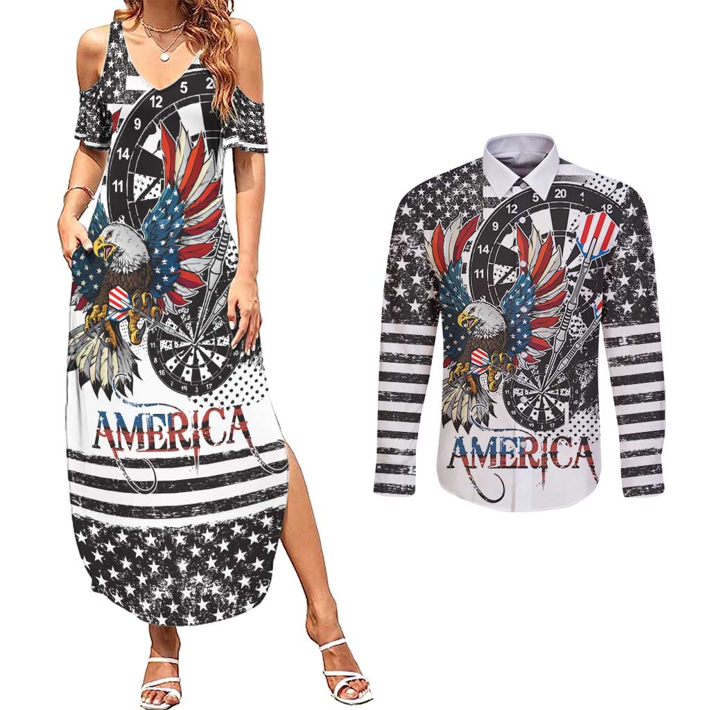 USA Darts Couples Matching Summer Maxi Dress and Long Sleeve Button Shirt American Bald Eagle with Grunge Style LT9 - Wonder Print Shop