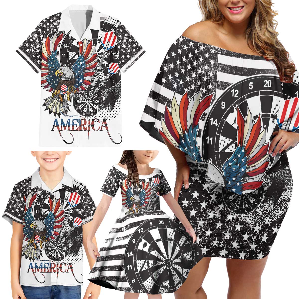 USA Darts Family Matching Off Shoulder Short Dress and Hawaiian Shirt American Bald Eagle with Grunge Style LT9 - Wonder Print Shop