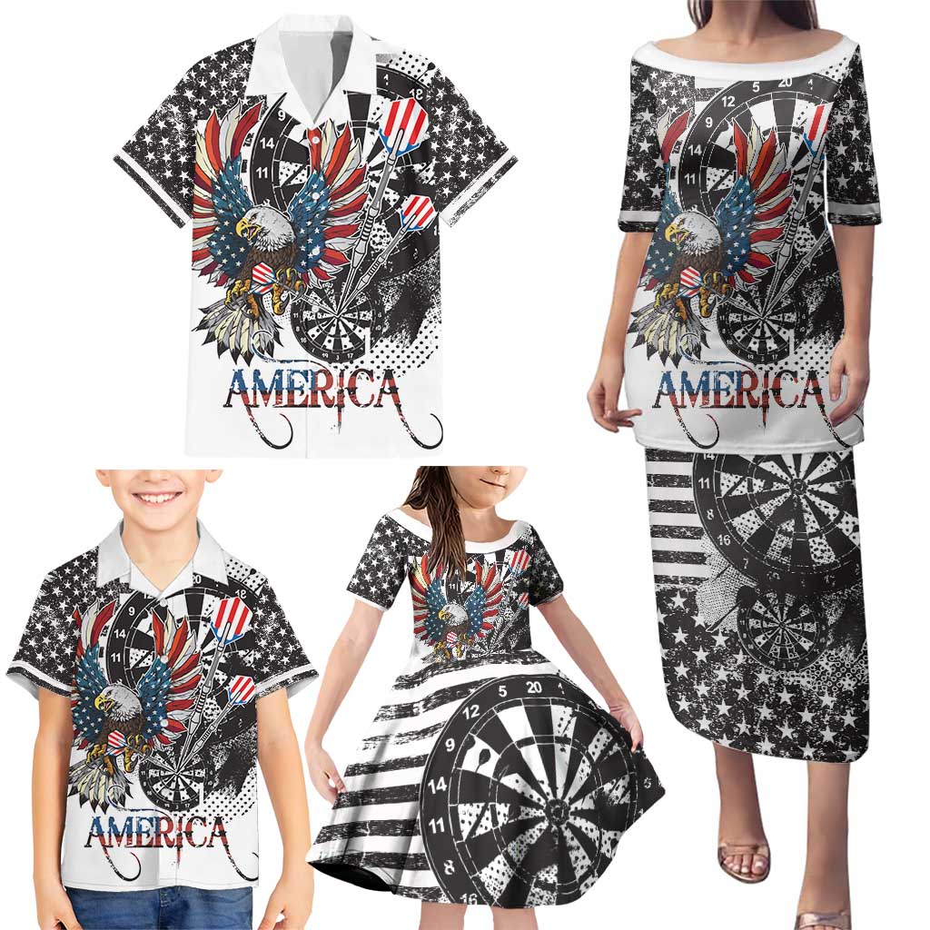 USA Darts Family Matching Puletasi and Hawaiian Shirt American Bald Eagle with Grunge Style - Wonder Print Shop