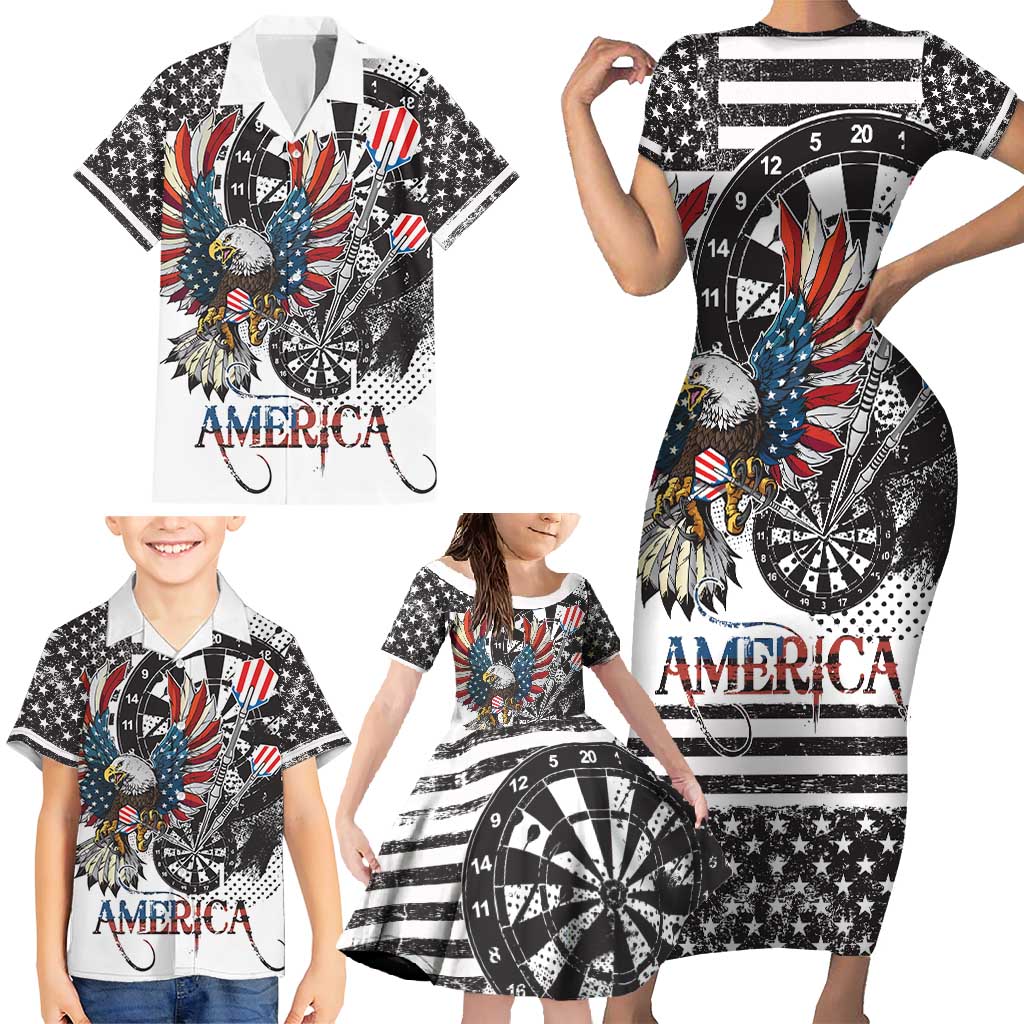 USA Darts Family Matching Short Sleeve Bodycon Dress and Hawaiian Shirt American Bald Eagle with Grunge Style - Wonder Print Shop